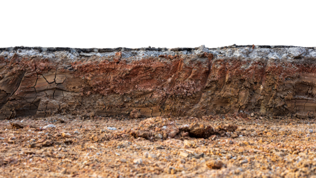 A cross-sectional view of the layer of soil beneath the paved road that was excavated and covered with dirt and dust to prepare for the construction and renovation of one of the Thai rural highways.