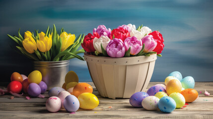 Obraz premium Colorful tulips in a basket with Easter eggs wallpaper created with Generative AI