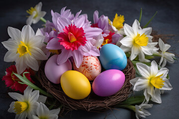 Obraz na płótnie Canvas Easter eggs and Daffodils created with Generative AI