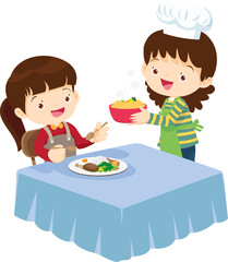 cute little chef kids serving food to table