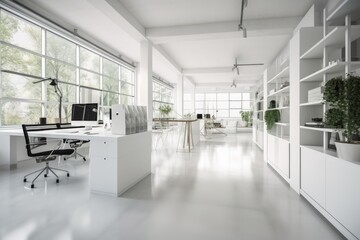Fototapeta na wymiar A sleek and modern white and open space office with a spacious and tidy aesthetic. Has minimalist furnishings in a bright and airy atmosphere with large windows and white walls. Generative AI