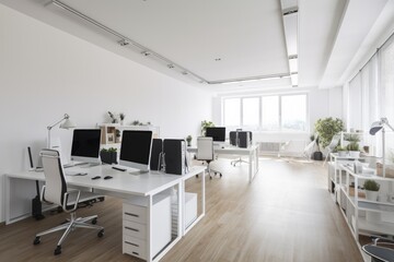A sleek and modern white and open space office with a spacious and tidy aesthetic. Has minimalist furnishings in a bright and airy atmosphere with large windows and white walls. Generative AI