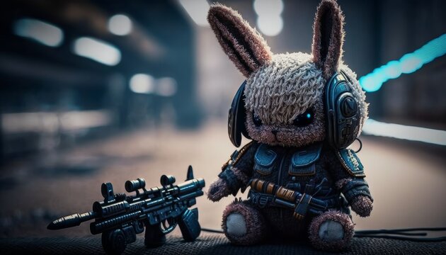 Exclusive and collectible cyberpunk bunny toy in the night city. Made from yarn and lurex. Decorative gift for children. Character for children's books and stories. Created with AI.
