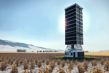 Vertical photovoltaic farm,, vertical towers with solar panels. AI generative.