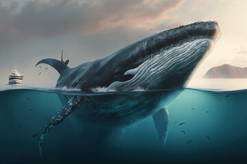 Blue whale swimming near the surface. AI generative.