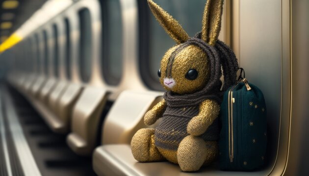 Exclusive and collectible cyberpunk bunny toy in the night city, in the subway. Made from yarn and lurex. Decorative gift for children. Character for children's books and stories. Created with AI.