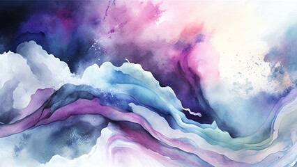 A watercolor painting against a blue, white, pink, and purple background, featuring a blurry, wavy marbled texture. Generated AI