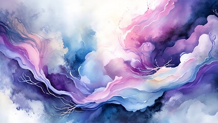 A watercolor painting against a blue, white, pink, and purple background, featuring a blurry, wavy marbled texture. Generated AI