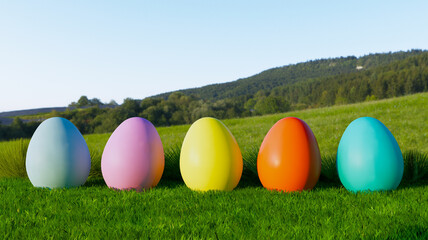 Colorful easter eggs lying on grass with mountains in background sunny day 3D Illustration