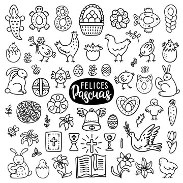 Happy Easter doodle set and lettering quote in Spanish. Chickens, plants, bunnies, flowers and traditional church utensils. Bell with wings, egg basket, tulips EPS 10 vector illustrations. Isolated