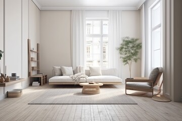 cozy living room with ample natural lighting and comfortable furniture. Generative AI
