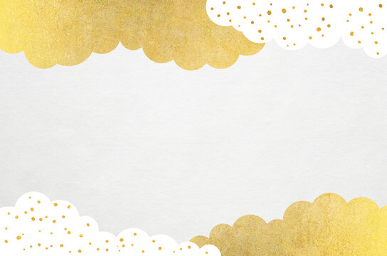 White washi paper with gold clouds and sky landscape pattern. Traditional Japanese paper texture background.