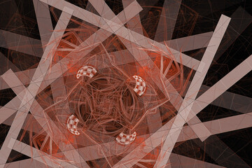 Red pattern of curved lines and shapes on a black background. Abstract fractal 3D rendering