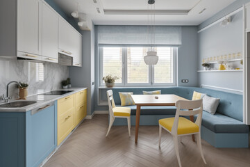 Scandinavian interior style modern studio small apartment in white, yellow and light blue colors, furniture in living area and kitchen area, window sofa seating