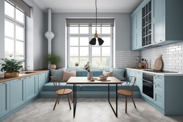 Scandinavian interior style modern studio small apartment in white and light blue colors, furniture in living area and kitchen area, window sofa seating