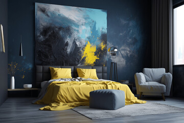 Stylish master bedroom interior, dark black, yellow accent
