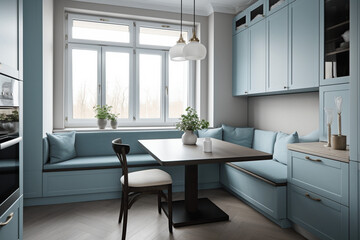 Scandinavian interior style modern studio small apartment in white and light blue colors, furniture in living area and kitchen area, window sofa seating