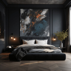 Stylish master bedroom interior, dark black, blue accent