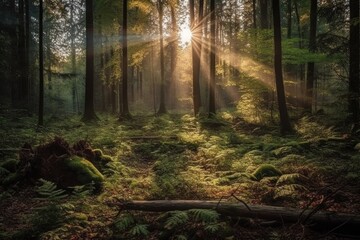 a beautiful day with sun stars in a forest (generative AI)