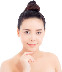 Portrait of beautiful woman asian makeup of cosmetic, girl hand touch chin and smile attractive, face of beauty perfect with wellness with skin healthcare concept.