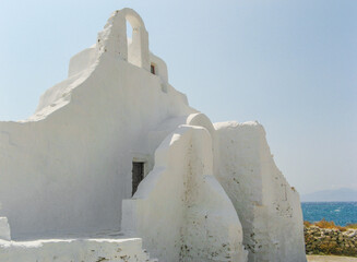 The view of the famous church of Panagia Paraportiani situated in the main town of Chora, Mykonos...
