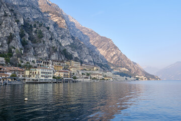 The view of town of Limone del Garda on Lake Garda. Province of Brescia, Lombardia, Italy.