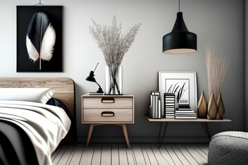 Modern scandinavian home interior in design wooden bedside table, banner map, feather in vase, book and stylish home decor. - generative ai

