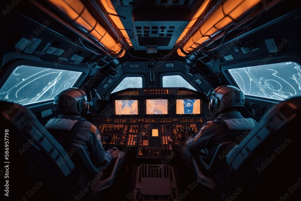 Wall mural spaceship cockpit and flightdeck, made with generative ai