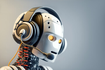 a sleek and modern robot can be seen confidently answering a phone call in a business call center. AI generative