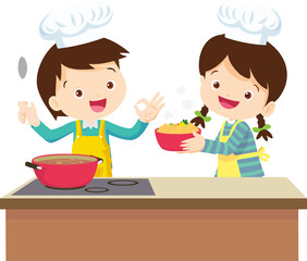 Cute chef Kids Boy and Girl cooking in the kitchen. little chef presenting.