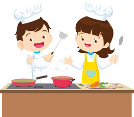 Cute chef Kids Boy and Girl cooking in the kitchen. little chef presenting.