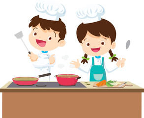 Cute chef Kids Boy and Girl cooking in the kitchen. little chef presenting.
