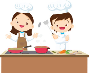 Cute chef Kids Boy and Girl cooking in the kitchen. little chef presenting.