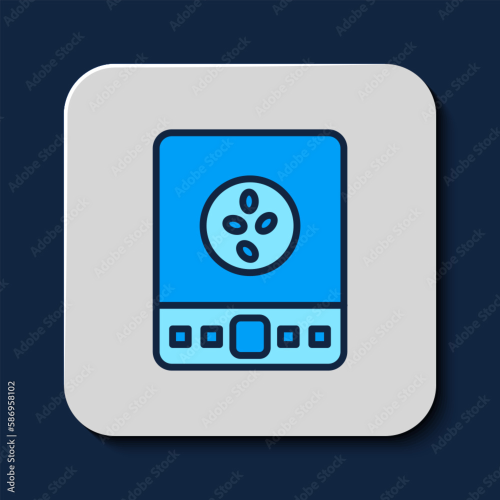 Sticker filled outline electronic coffee scales icon isolated on blue background. weight measure equipment. 