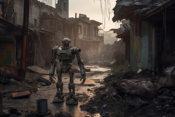A robot standing in a ruined city after the war, made with generated ai
