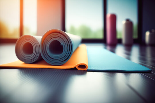 rows of colorful yoga mats await eager practitioners in fitness gym. AI generative