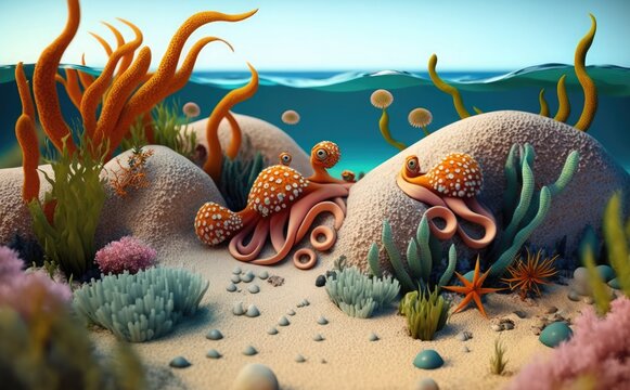 cartoons of Beautiful octopus, octopus in aquarium, Image for 3d floor. Underwater world