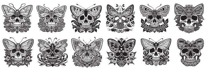 Fototapeta na wymiar Skull and butterfly combination set. for tattoo , t-shirt, t-shirt design, etc