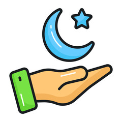 Crescent moon and star on hand denoting concept vector of ramadan