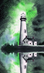 Watercolor illustration of a lighthouse on the hill at night with beautiful starry sky on the background