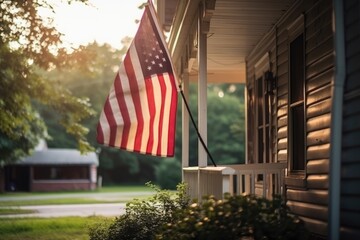 Porch of a house with the USA flag in front. High quality generative ai