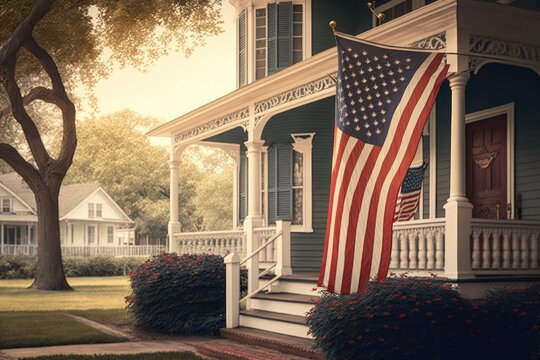 Porch of a house with the USA flag in front. Generative ai