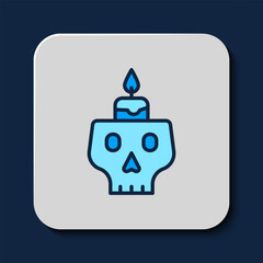 Filled outline Burning candle on a skull icon isolated on blue background. Day of dead. Vector