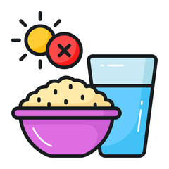 Rice bowl with glass of water and cross sign, icon of ramadan fasting