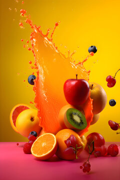 Ripe juicy multifruit  with splashes of drops of juice on a orange background, Generative AI