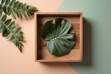 wooden box with a large green leaf inside against a white background. Generative AI