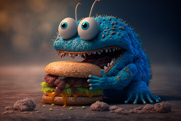 Funny creature eats a burger. Generative AI. Funny blue round monster eating a hamburger. Image for children's book, pizzeria, notebook. - obrazy, fototapety, plakaty