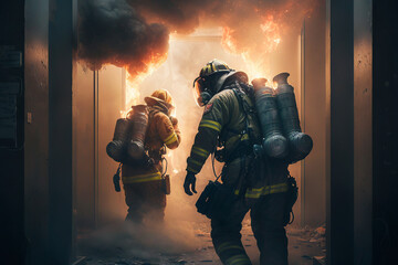 Generative AI illustration of firefighters in uniform and with oxygen balloons walking forward burning fire