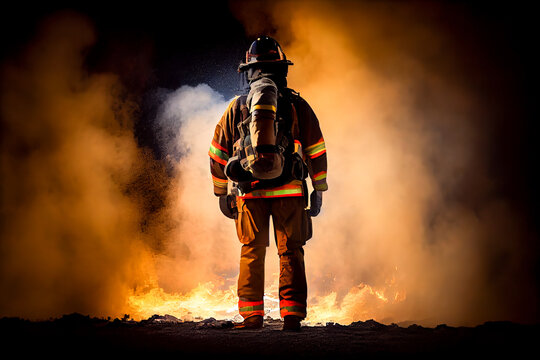 Generative AI image of back view of male firefighter in protective uniform and with backpack standing against burning fire with smoke