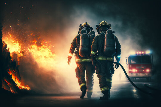 Generative AI illustration of firefighters in uniform and with oxygen balloons walking forward burning fire